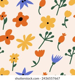 Vector floral seamless pattern. Colorful groovy funky flowers backgrounds collection for print or social media, wall art, postcards