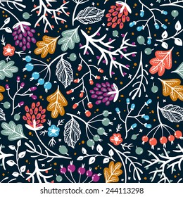 vector floral seamless pattern with colorful fantasy plants and berries