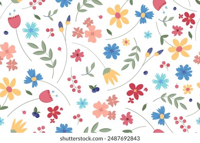 Vector floral seamless pattern with colorful flowers on white background. Summer pattern.