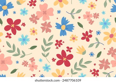 Vector floral seamless pattern with colorful flowers on the beige background. Summer pattern.