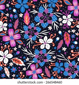vector floral seamless pattern with colorful abstract blooms on a dark background