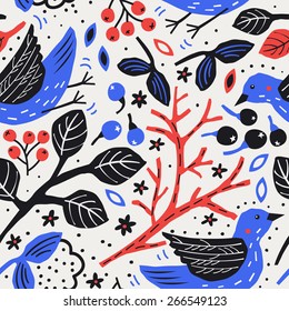 vector floral seamless pattern with colorful birds and plants 