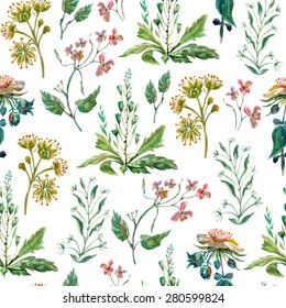 Vector floral seamless pattern. Colorful floral pattern with wild flowers on a white background, drawing watercolor