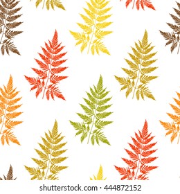 Vector floral seamless pattern. Colorful silhouette of autumn leaves in seamless pattern on white isolated background in vector. Abstract floral illustration with prints autumn leaves Set Flat lay