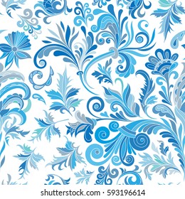 Vector floral seamless pattern with colorful fantasy plants and curls. Blue tone.
