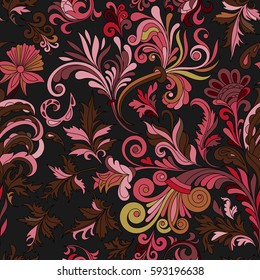 Vector floral seamless pattern with colorful fantasy plants and curls. Vinous and beige colors.