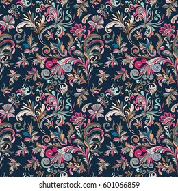 Vector floral seamless pattern with colorful fantasy plants and curls. Pastel blue ping beige pattern on dark blue background.