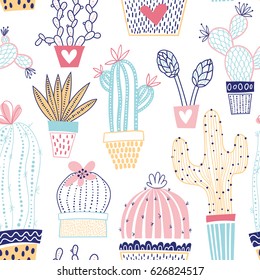 Vector floral seamless pattern with colorful cute cactuses