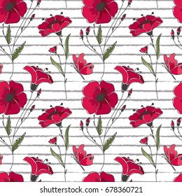 Vector floral seamless pattern. Colorful floral pattern with red poppies on striped background.