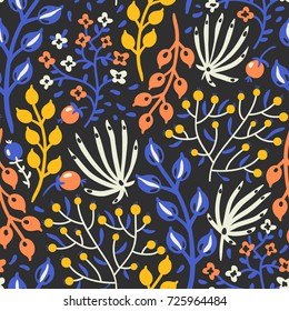 vector floral seamless pattern with colorful abstract leaves,berries and plants