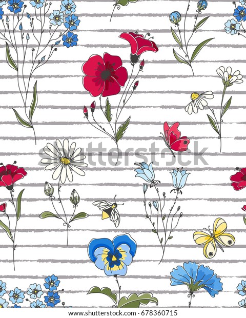 ベクター画像花柄のシームレスなパターン ストライプの背景にカラフルな花柄と野生の花 のベクター画像素材 ロイヤリティフリー
