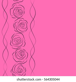 Vector floral seamless pattern with copy space (place for your text). Vertical pink and black roses silhouette.