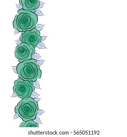 Vector floral seamless pattern with copy space (place for your text). Vertical blue and green roses.