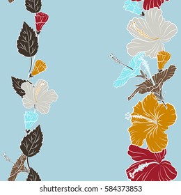 Vector floral seamless pattern with copy space (place for your text). Various brown, yellow and red hibiscus hawaiian tropical flowers.