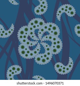 Vector of floral seamless pattern with curl,flowers and grass in blue color