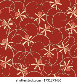 Patrón vectorial sin costuras florales con ramas de rizo, flores de orquídea. Fondo de color marrón, amarillo y verde pálido. Elegante textura botánica. Diseño de repetición con estilo para la impresión en mosaico