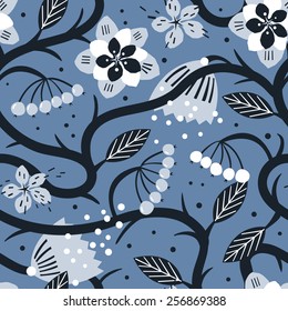 vector floral seamless pattern with curly folk plants and flowers