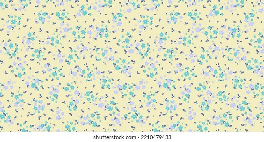 Vector floral seamless pattern. Cute texture with small flowers, leaves. Blue, green, turquoise color. Floral design for fashion prints. Liberty style. Retro vintage background. Simple ditsy pattern