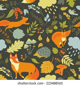 Vector floral seamless pattern with cute forest animals: squirrel, fox, hedgehog. Forest plants, leaves, mushrooms, berries and animals on a white background.