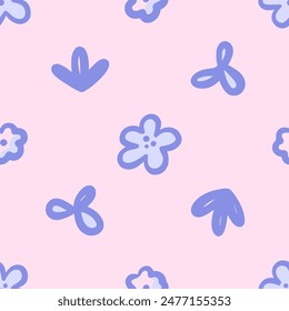 Vector floral seamless pattern. Cute small simple blue flowers in hand drawn style. Retro vibe. Cottage core.