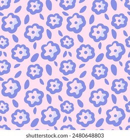 Vector floral seamless pattern. Cute groovy blue small flowers with leaves in hand drawn style. Retro vibe. Cottage core.