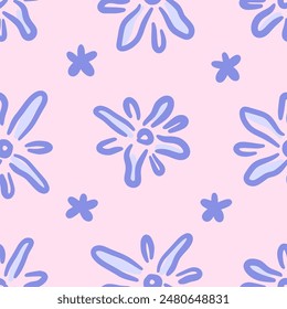 Vector floral seamless pattern. Cute abstract blue flowers in hand drawn style on pink background. Retro vibe. Cottage core.