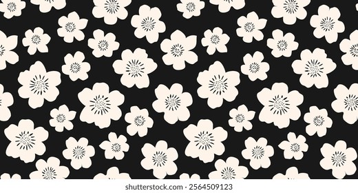 Vector floral seamless pattern. Cute simple ditsy background with big meadow flowers. Doodle children style ornament. Black and white organic texture. Repeated monochrome design for print, wallpaper