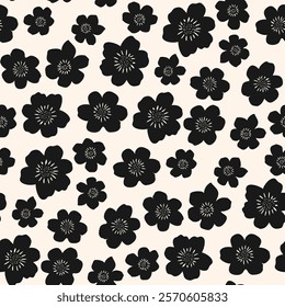 Vector floral seamless pattern. Cute simple ditsy background with hand drawn flowers. Doodle children style ornament. Black and white organic texture. Repeated monochrome design for textile, print