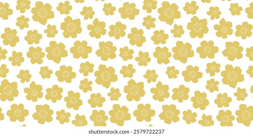 Vector floral seamless pattern. Cute simple ditsy background with hand drawn flowers. Doodle children style ornament. Golden organic texture. Elegant gold repeated design for fabric, decor, print