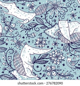 vector floral seamless pattern with cute foxes and fantasy flowers