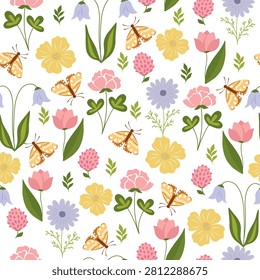 Vector floral seamless pattern. Cute colorful background with different flowers and butterfly 