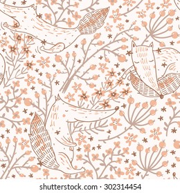 vector floral seamless pattern with cute foxes and abstract plants