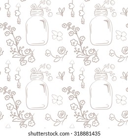 Vector floral seamless pattern. Cute bouquet of wedding flowers in a mason jar.