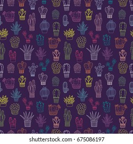 Vector floral seamless pattern with cute cactuses on the dark background