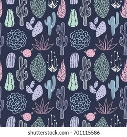 Vector floral seamless pattern with cute cactuses on the dark background