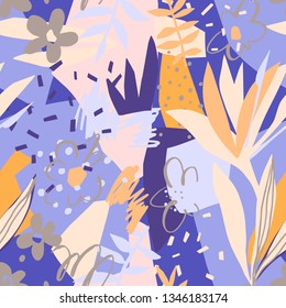 Vector floral seamless pattern. Cutout flowers, petals, leaves with geometrical shape and doodle elements such as dots, scribbles and stripes. Flat botanical background for textile and surface.