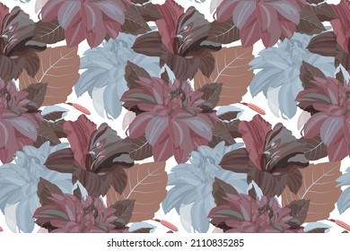 Patrón vector floral sin soldadura. Dahlias y lirios en azul marino, chocolate y burdeos aislados en un fondo blanco. Elementos florales repetitivos para tejidos, papeles pintados, diseños y más.