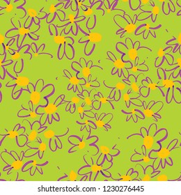 Vector floral seamless pattern with daisies. Bright botanical illustration. Flowers drawn by felt tip pen. Good for bedding, fabric, textile, wallpaper, wrapping, surface.