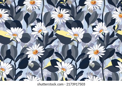 Vector floral seamless pattern. Daisies with leaves of navy blue color isolated on a blue background. Floral illustration for decorating surfaces, wallpapers, cards and more.