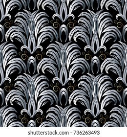 Vector floral seamless pattern. Damask black background wallpaper illustration with vintage silver 3d flowers, scroll leaves, swirl gold lines and antique Baroque ornaments. Surface modern texture
