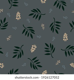 Vector floral seamless pattern with dark grey background and symbols for fabric, scrapbooking, wrapping paper