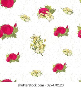 Vector Floral Seamless Pattern Decoration. Textile or Print Design. Hand Drawn Ornament of Red Peonies on White  Background.
