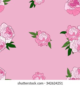 Vector Floral Seamless Pattern Decoration. Textile or Print Design. Ornament of Peonies on Pink Background.