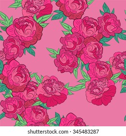 Vector Floral Seamless Pattern Decoration. Textile or Print Design. Ornament of Peonies on Pink Background.