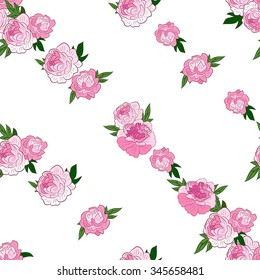 Vector Floral Seamless Pattern Decoration. Textile or Print Design. Ornament of Pink Peonies on White  Background. Wrapping Or Digital Paper.