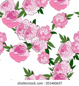 Vector Floral Seamless Pattern Decoration. Textile or Print Design. Ornament of Pink Peonies on White  Background. 