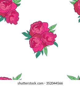 Vector Floral Seamless Pattern Decoration. Textile or Print Design. Ornament of Pink Peonies on White  Background. Wrapping Or Digital Paper.