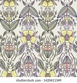 vector floral seamless pattern with decorative beetles and yellow blooms