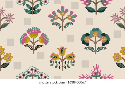 Vector floral seamless pattern. Decorative small flowers wallpaper. Nature background, vector clipart. Floral template, symmetric elements. Design for fabric, wrapping paper, cover, textile, print