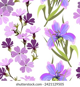 Vektorflorale nahtlose Muster dekorative Blumen auf weißem Hintergrund für Stoffdesign, Schals, Hijab. Lilac-violetter Ton.